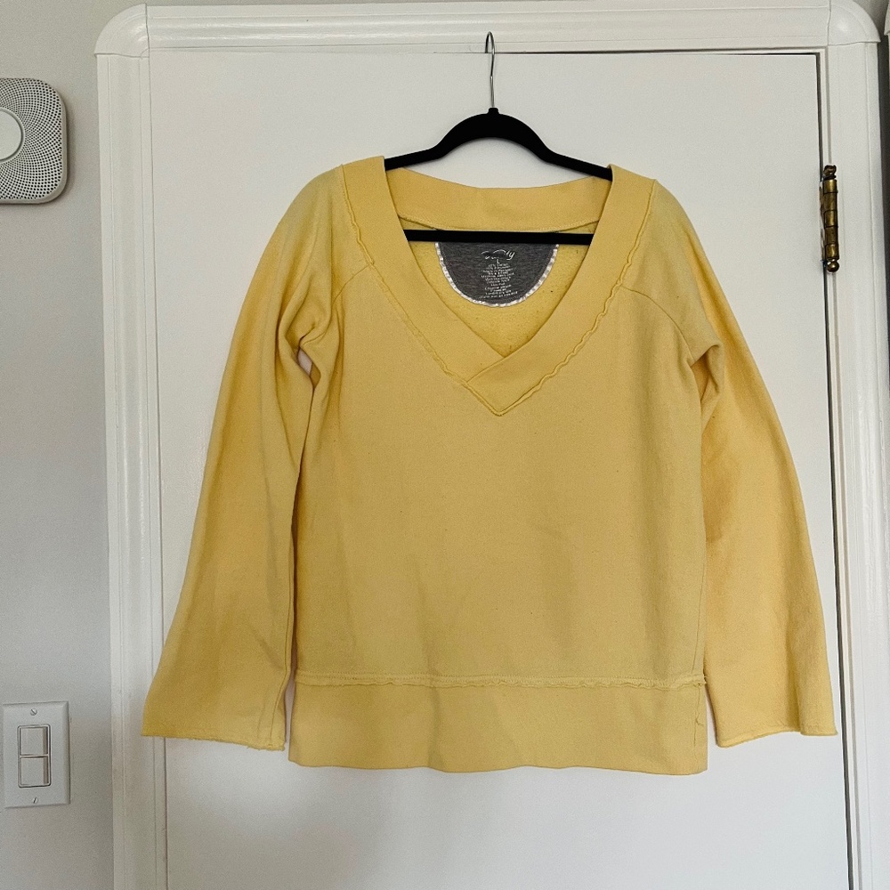 Vintage Yellow V-neck Off Shoulder Athleisure Cotton Pullover Sweatshirt